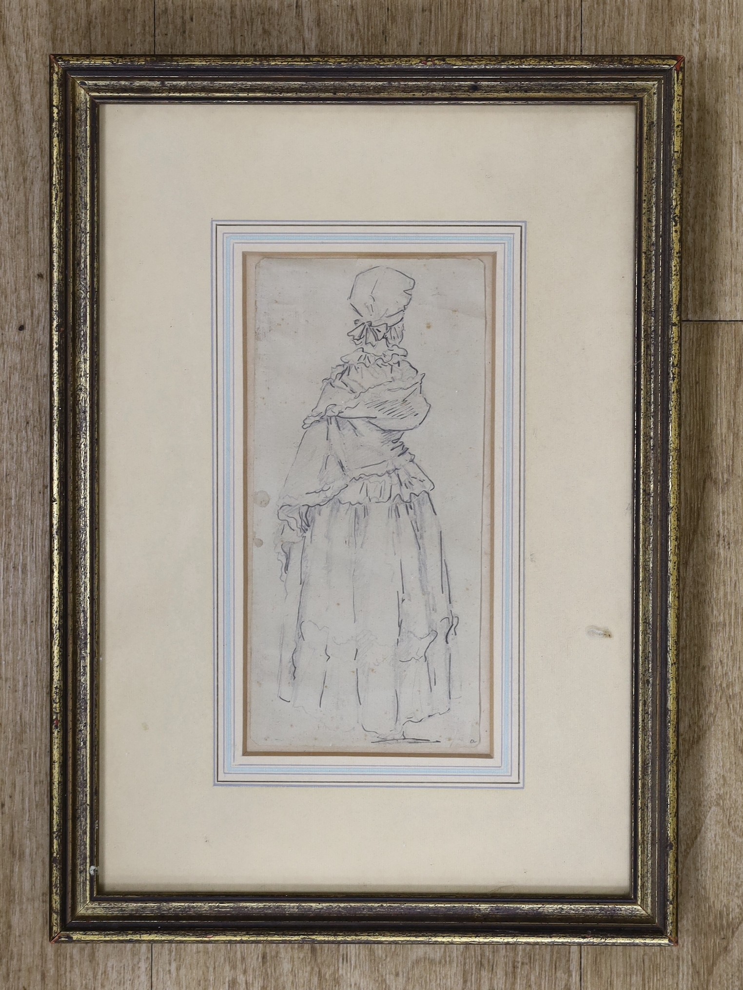 18th century English School, pen and ink, Sketch from Life of a woman's costume, 20 x 9.5cm